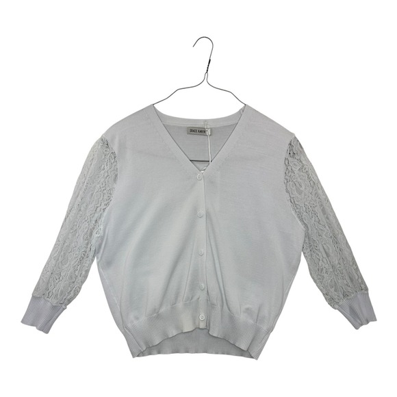 Grace Karin Cardigan Sweater Lace Sleeve V Neck Knit Top Elegant White S - Picture 1 of 11